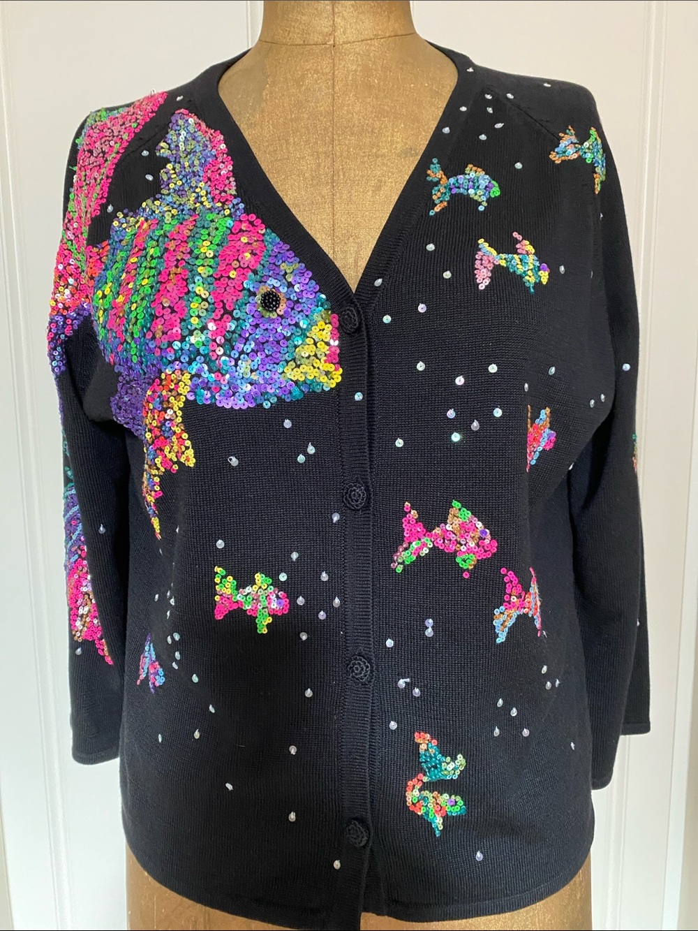 Michael Simon Black Sequin Fish Cardigan with Multicolor Sequins